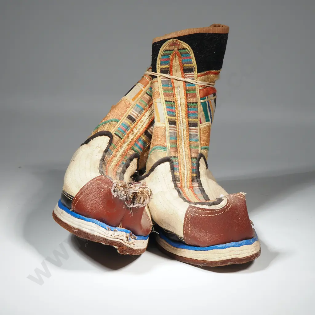 Pair Of Vintage Tibetan Boots Featuring Colourful Striped Embroidered Fabric & Leather Details.  Image 1++