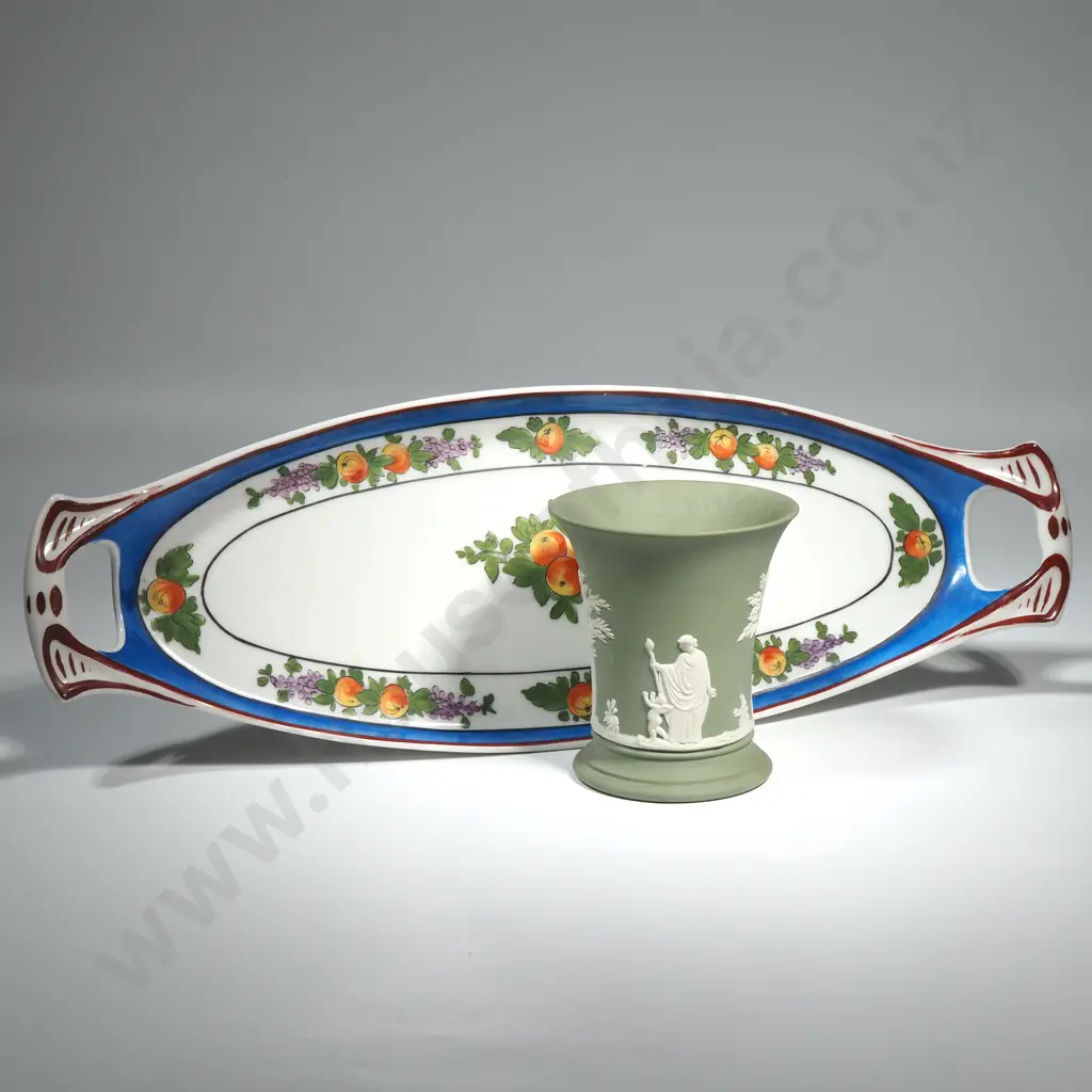 Vintage Limoges Tray w Fruit Decoration & Green Wedgwood Vase Image 1++
