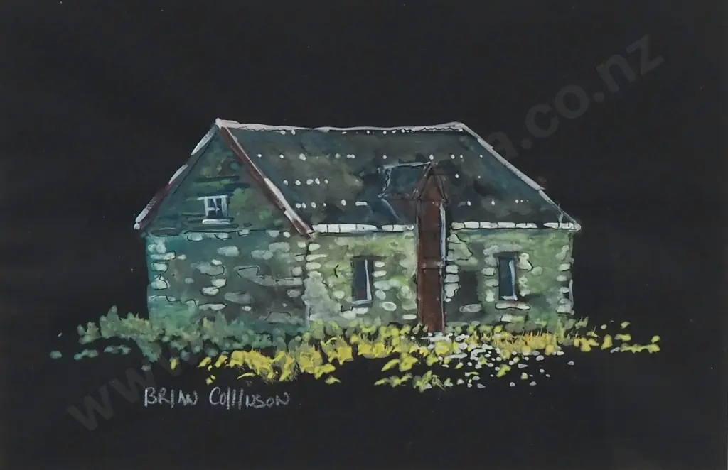 Brian Collinson - Farm Building - Water Colour & Gouache on Black Ground - 175mm X 260mm, Signed Image 1++