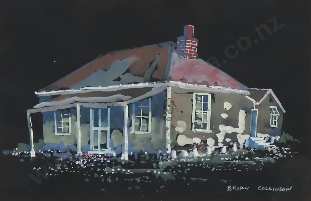 Brian Collinson - Main House - Water Colour & Gouache on Black Ground - 175mm X 260mm, Signed Image 1++