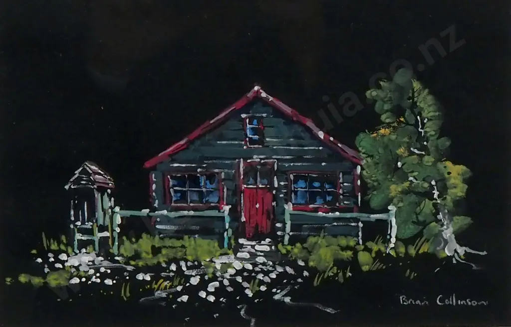 Brian Collinson - Quaint Cottage - Water Colour & Gouache on Black Ground - 175mm X 260mm, Signed Image 1++
