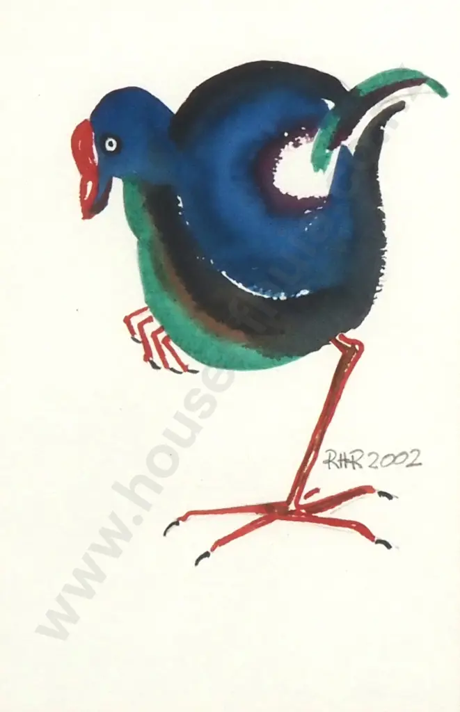 RH Reid - Pukeko (left-facing) - Water Colour - 175mm X 110mm - Signed - Dated 2002 Image 1++
