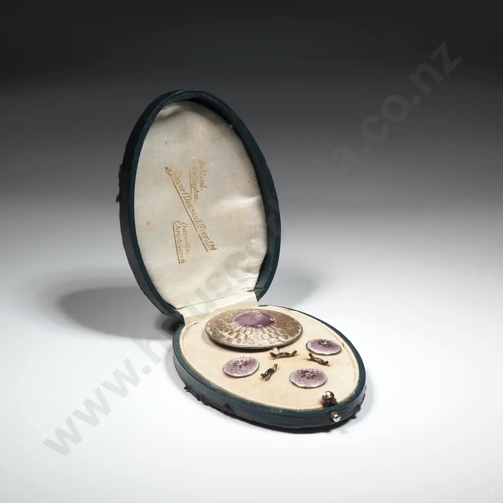 Antique Sterling Silver Machine Turned Enamel Brooch Button Set Image 1++