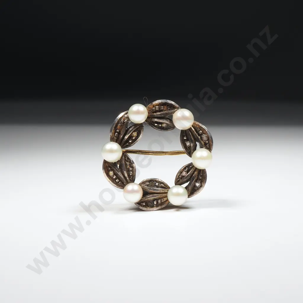 Antique Silver on Gold Circlet Brooch w Pearls & Diamond Chips Image 1++
