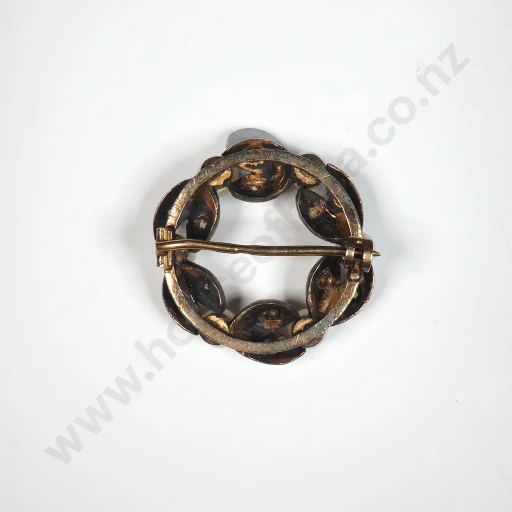 Antique Silver on Gold Circlet Brooch w Pearls & Diamond Chips Image 1++