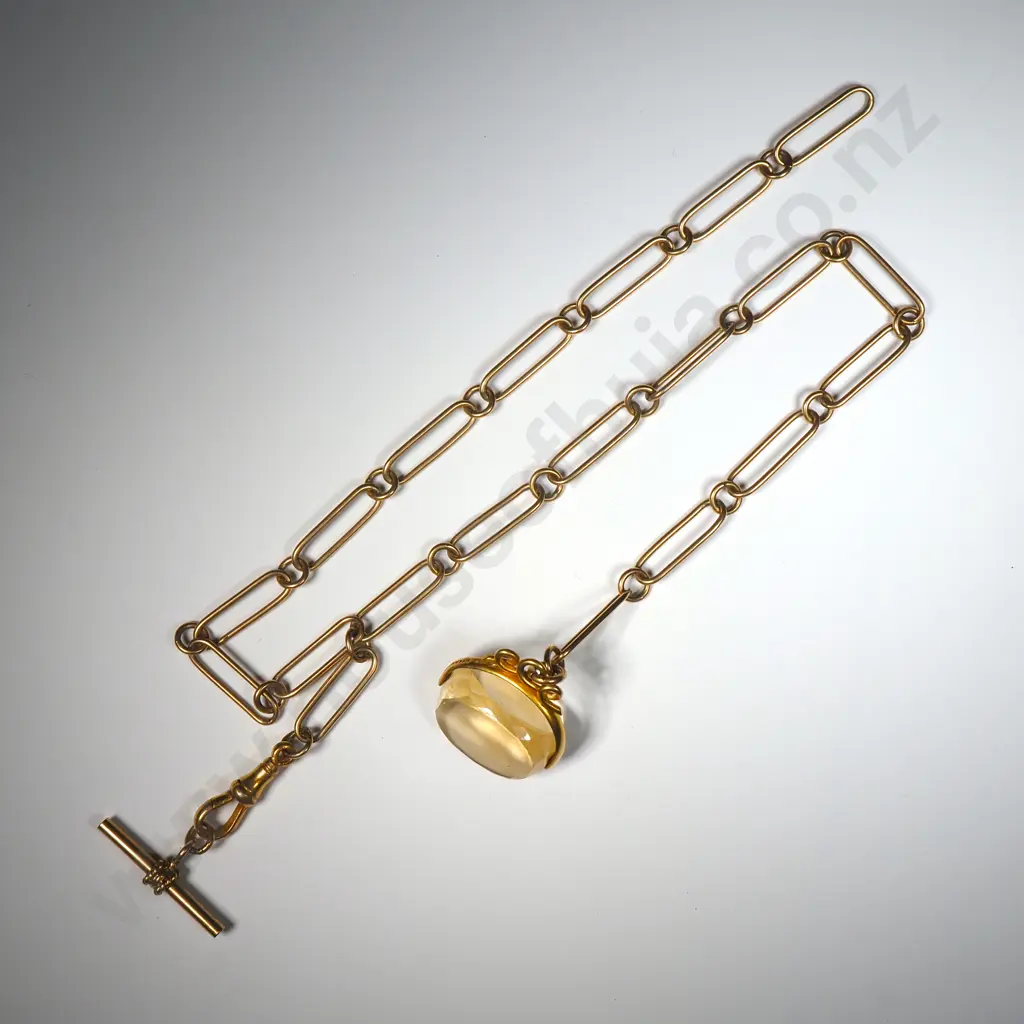 Antique 9ct Gold Yellow Stone Spinner on RG Chain w 9ct Gold T Bar Image 1++
