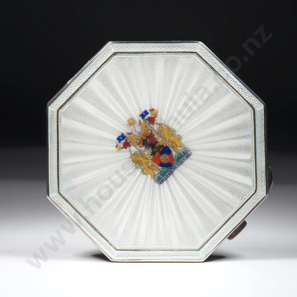 Exquisite Cased Sterling Silver Engine Turned Enamel Presentation Folding Compact Image 1++