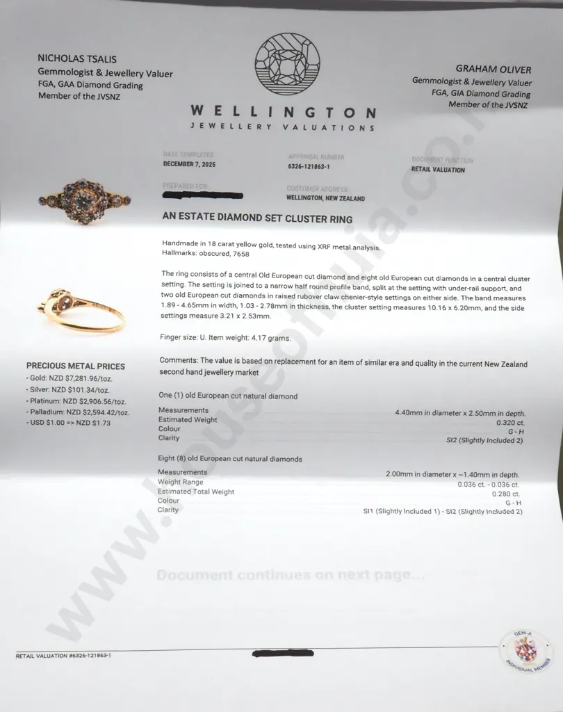 Cased Antique 18ct Gold Diamond Cluster Ring w Valuation $6,350.00 Image 1++