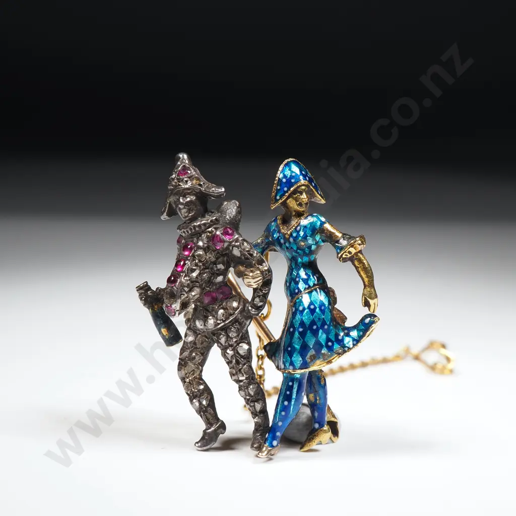 Exquisite Antique Gold & Silver Two Jester Brooch w Enamelling & Gemstone Accents Image 1++