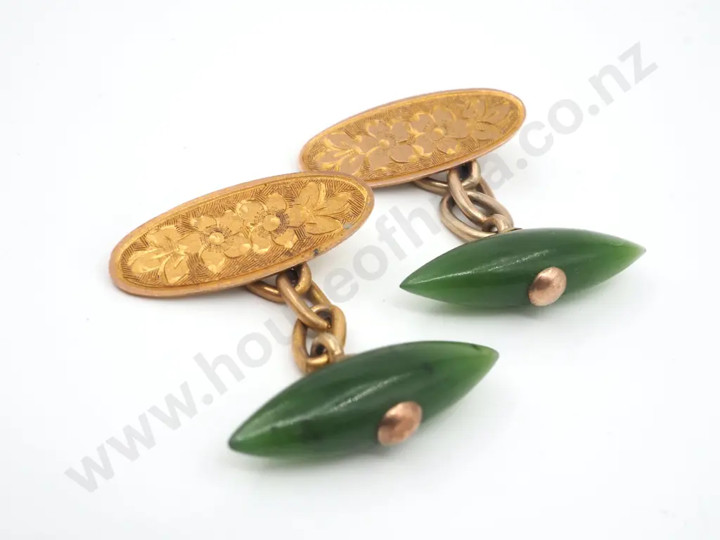 9ct Gold Antique Greenstone Floral Engraved Cufflinks, Hallmarked Image 1++