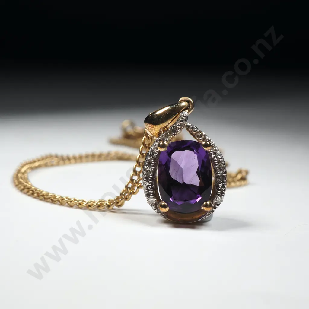 Modern 9ct Gold Amethyst & Diamond Set Pendant on Gold Plate Chain Image 1++