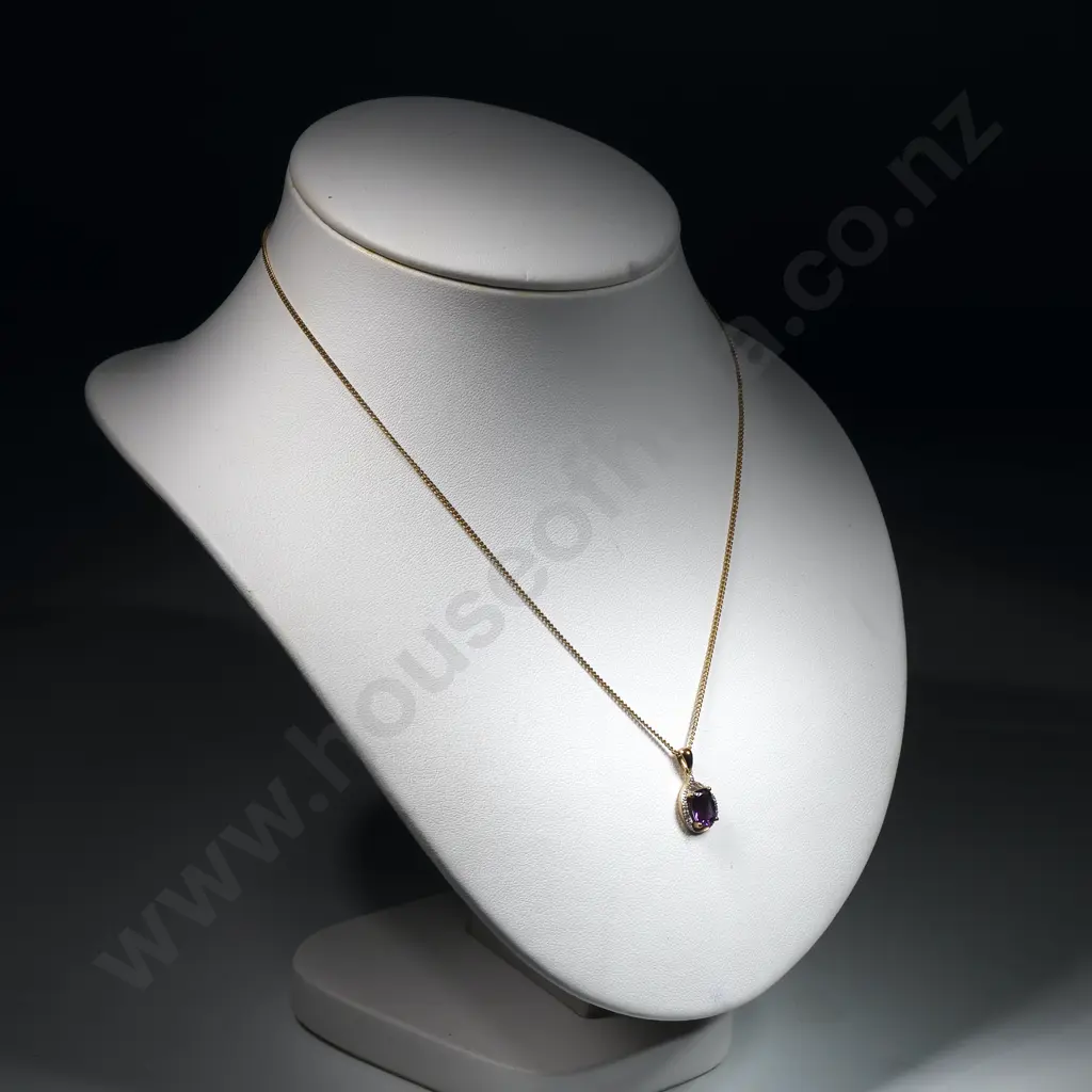 Modern 9ct Gold Amethyst & Diamond Set Pendant on Gold Plate Chain Image 1++