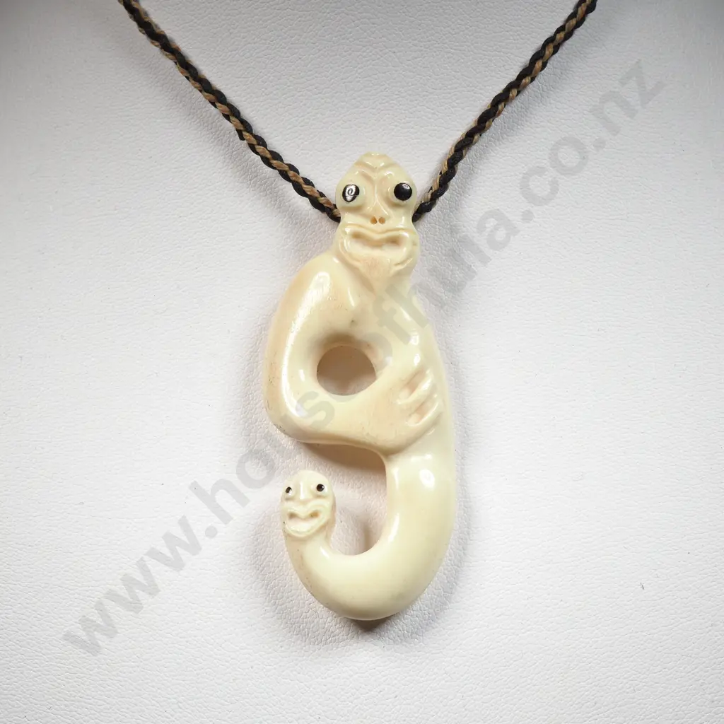 Carved Bone Taniwha Pendant on Plaited Cord Image 1++
