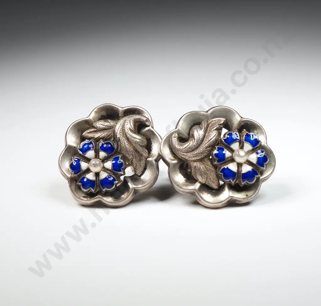 Antique Sterling Silver & Enamel Earrings Image 1++