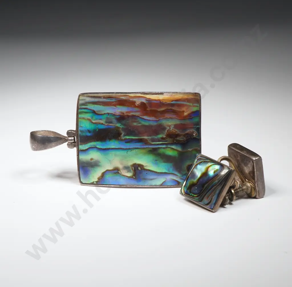 Sterling Silver Rectangular Paua Shell Pendant & Square Earrings Image 1++