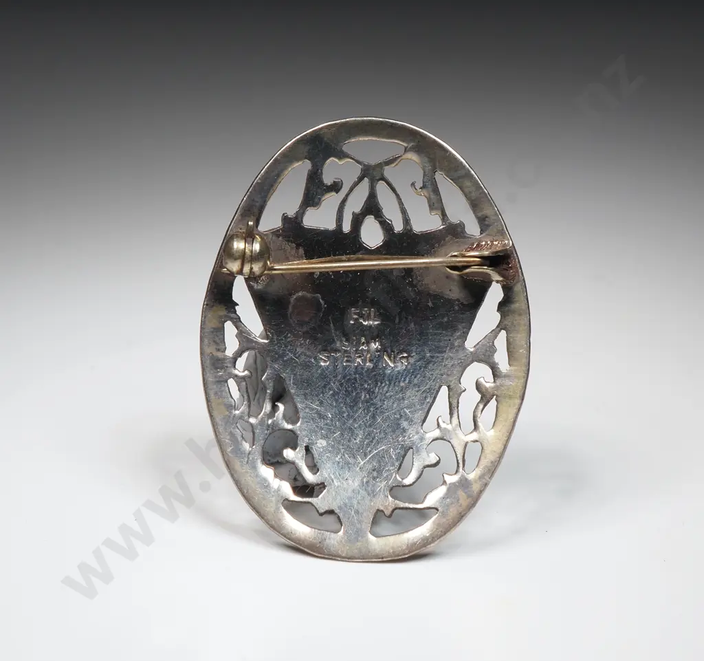 Sterling Silver Thai Green Enamelled Brooch A/F Image 1++