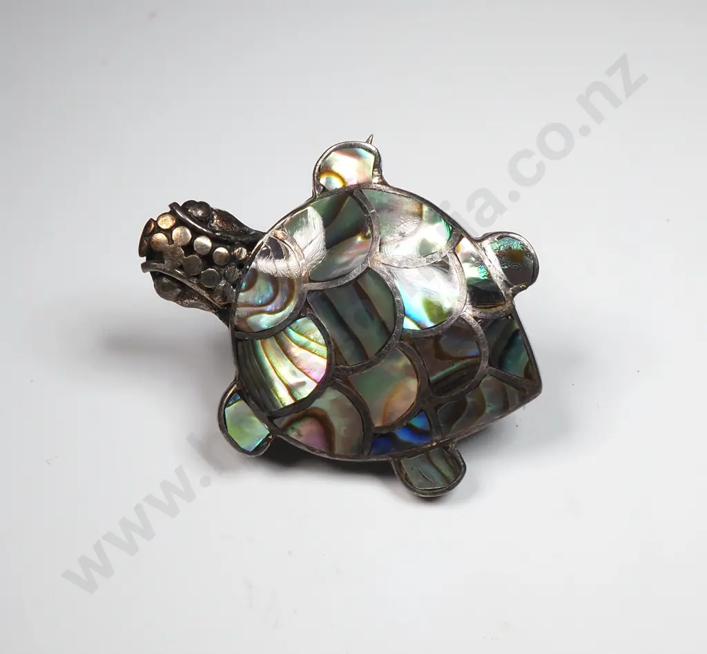 Vintage Sterling Silver Paua Shell Turtle Brooch Image 1++