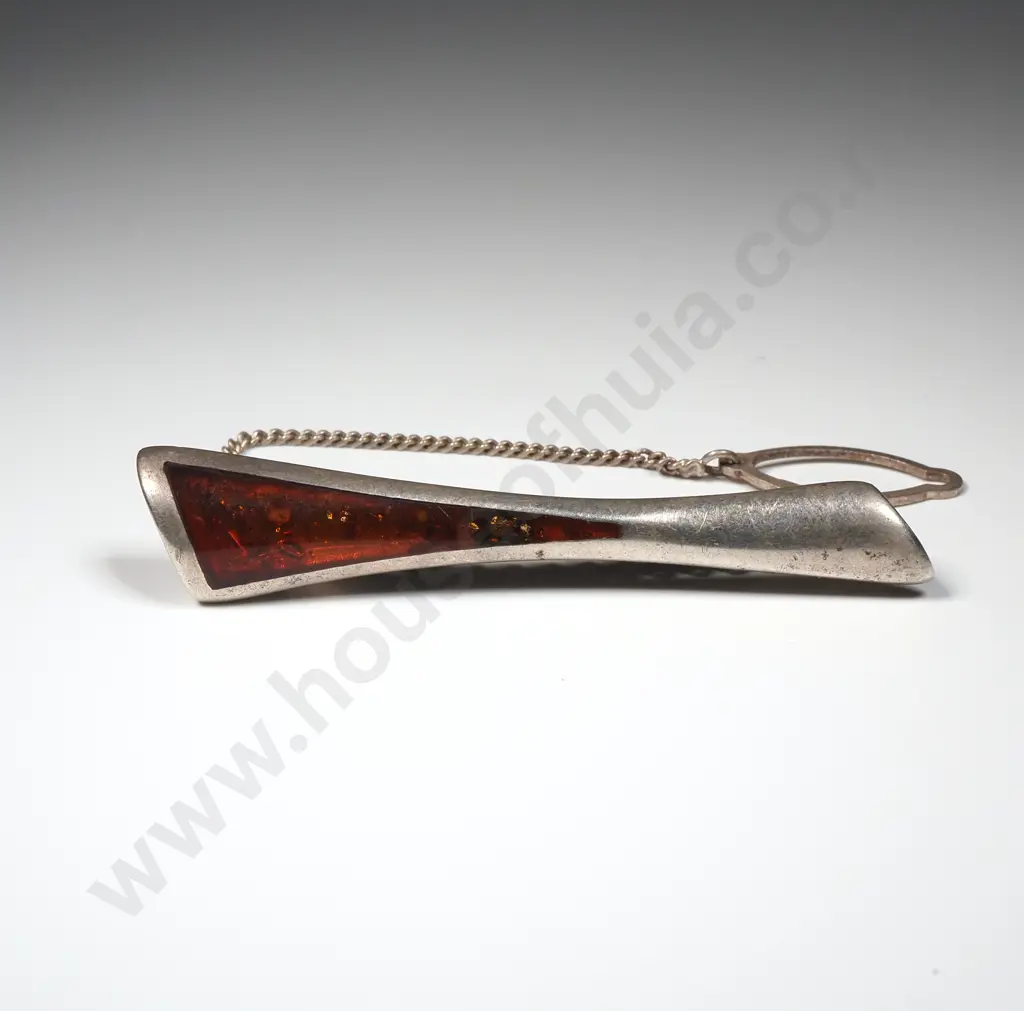 Silver Tone Modernist Tiepin Set w Amber Image 1++
