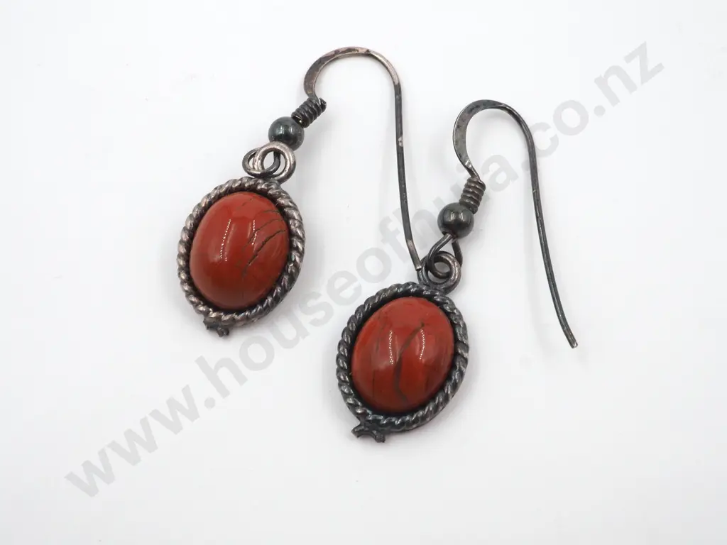 Pair of  Vintage Sterling Silver Oval Drop  Earrings With Orange Stone & Hook Attachments Image 1++