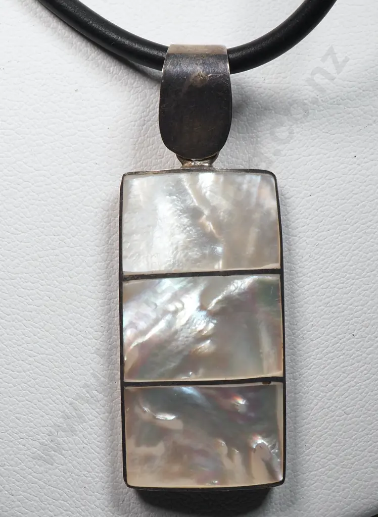 Sterling Silver & Mother of Pearl Pendant w Black Rubber Cord Image 1++