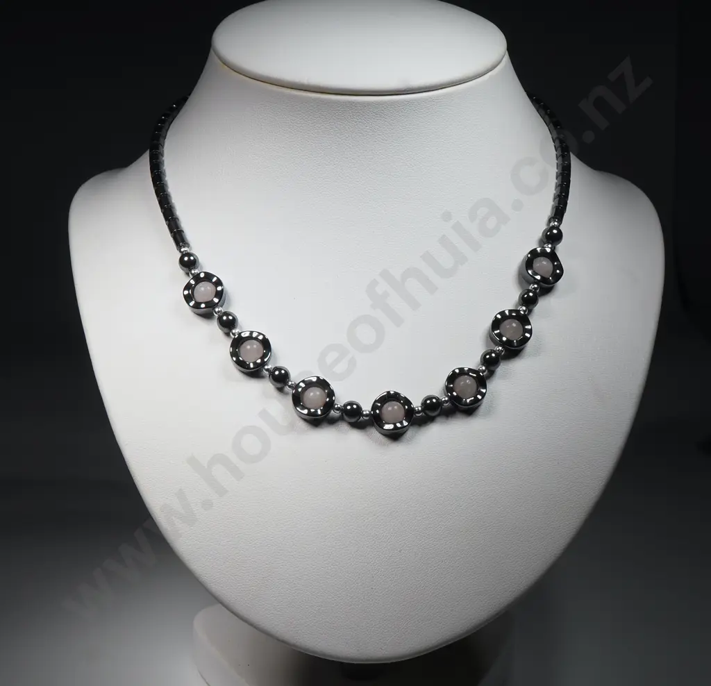 Hermitite Necklace w Rose Quartz  & Silver Coloured Beads, & Screw Clasp Image 1++