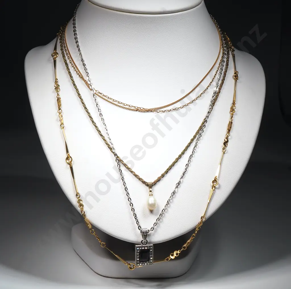Four Gold Toned Chains, One w Costume Pearl Pendant Image 1++