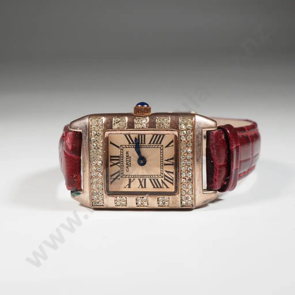 Cartier Ladies Copy Watch With White Stone Detail & Leather Strap  Image 1++
