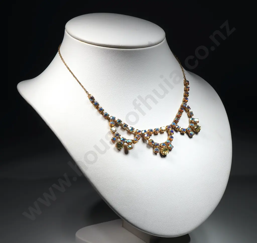 Vintage Aurora Borealis Rhinestone Necklace w Yellow Centre Stones & Gold Coloured Side Chains.. Image 1++