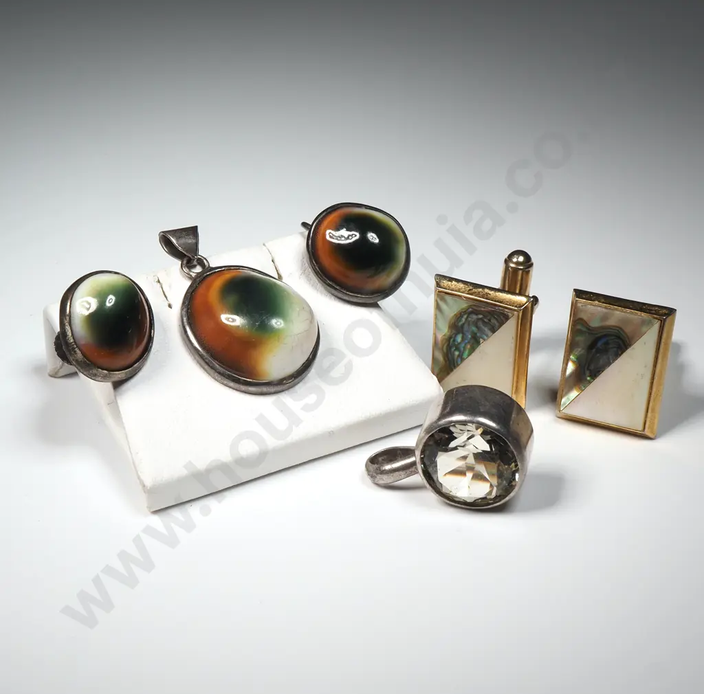 Periwinkle Pendent & Earrings. A Pair of Gold Toned Paua/Mother of Pearl Cufflinks. A Costume Silver Toned/Gem Pendent. Image 1++