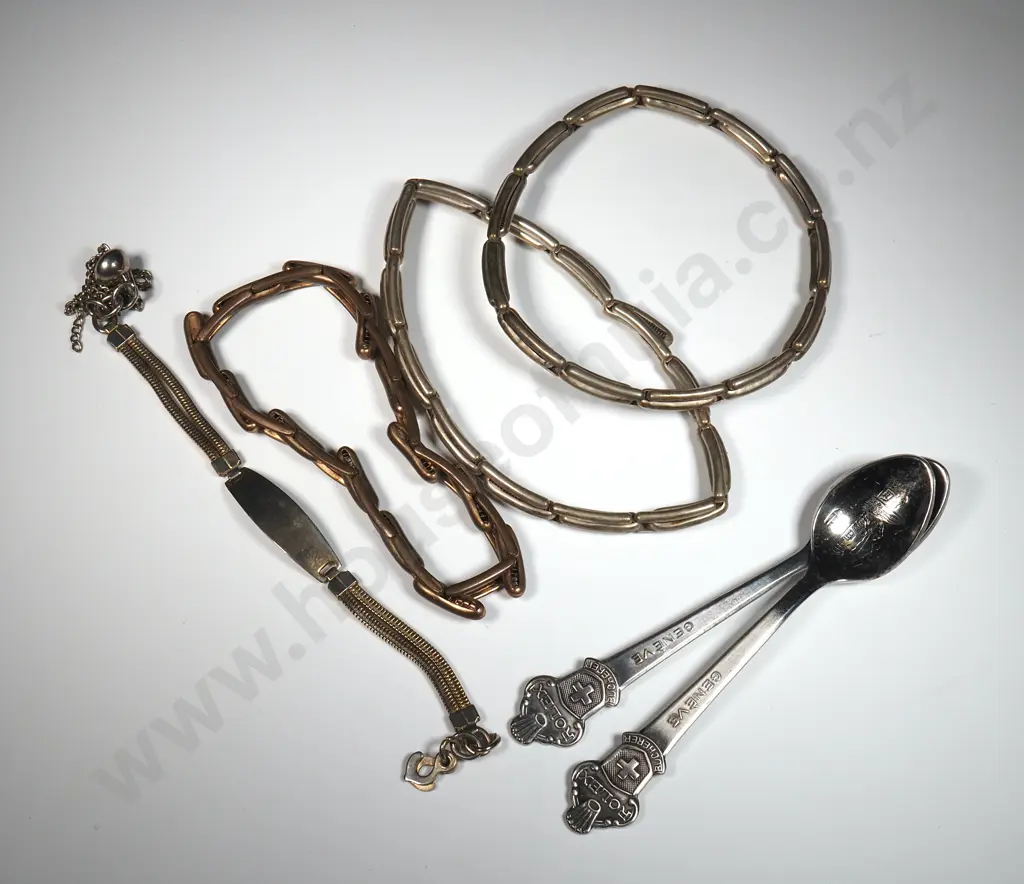 Three Sleeve Garters, Ladies ID Bracelet & Two Rolex Souvenir Spoons Geneve  Image 1++