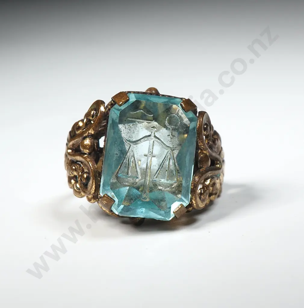 Vintage Gold Tone Seal  Ring Set With Aquamarine Coloured Stone & w Scales Of Justice Intaglio  Image 1++
