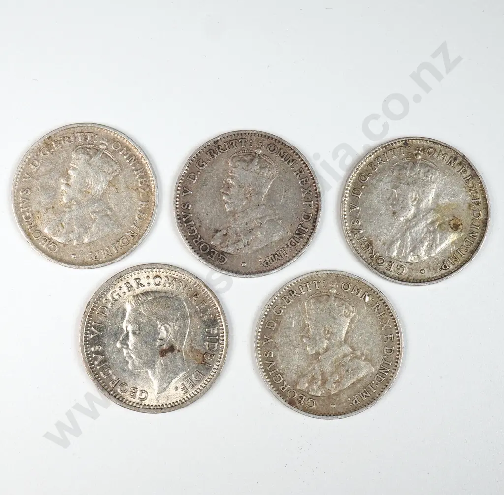 Australia 5 X Threepences, 1915, 1922, 1925, 1928, 1951 Image 1++