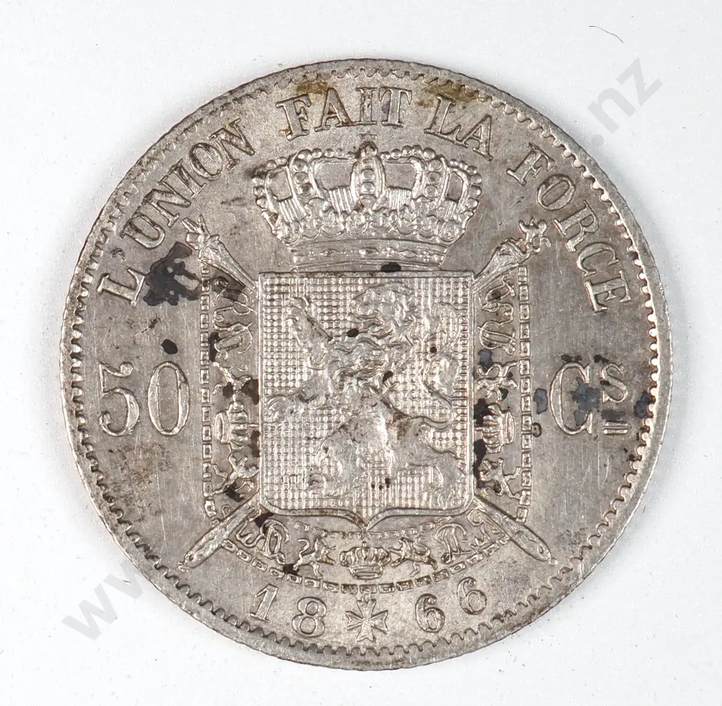 Belgium 1866 Fifty Centimes, Extremely Fine Image 1++