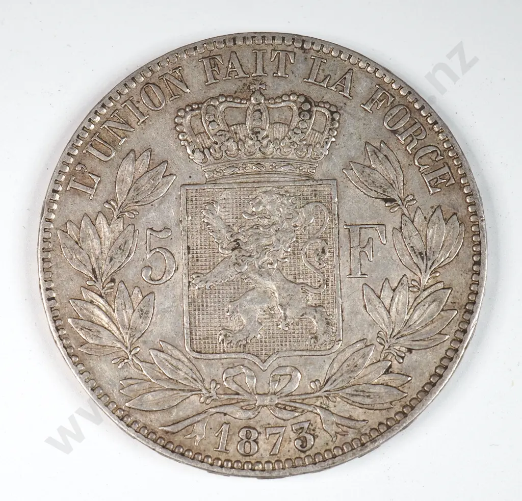 Belgium 1873 Five Francs, Very Fine Image 1++
