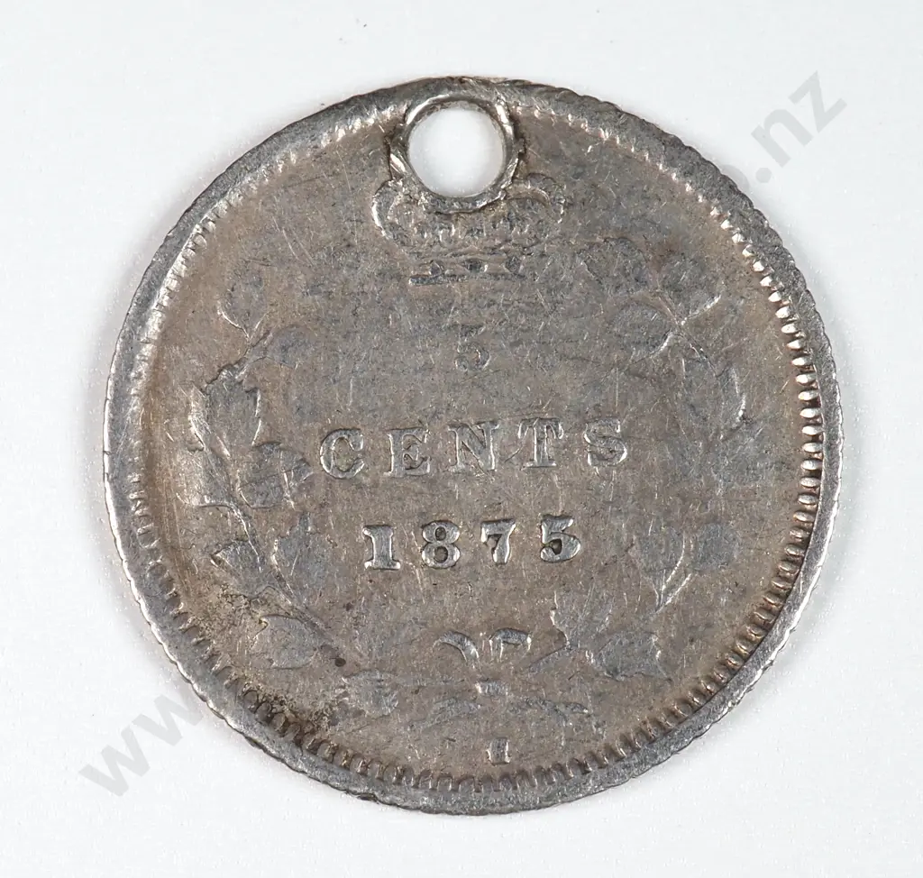 Canada 1875 'H' Five Cents, Fine ( Holed ) Image 1++