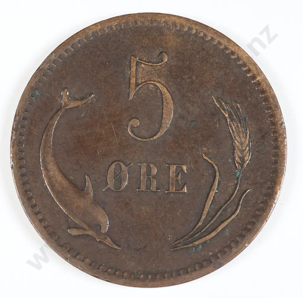Denmark 1874 Five Ore, Very Fine Image 1++