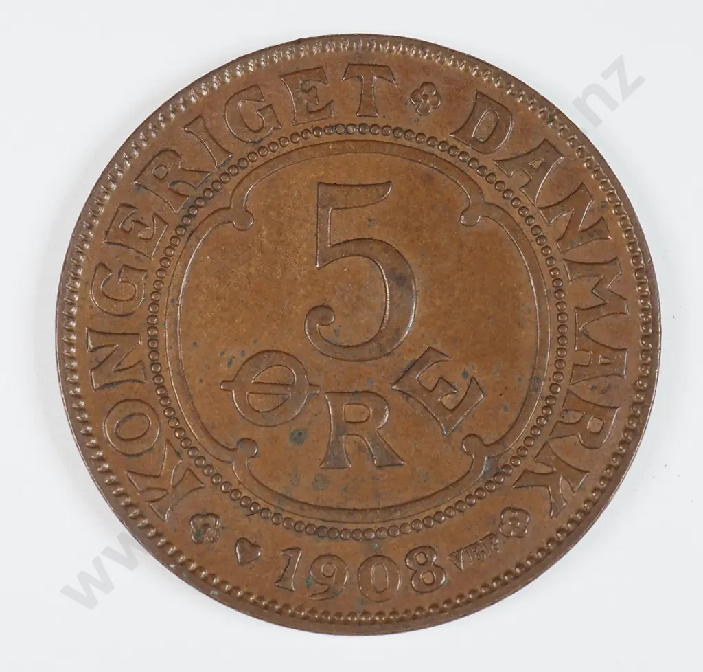 Denmark 1908 Five Ore, Extremely Fine Image 1++