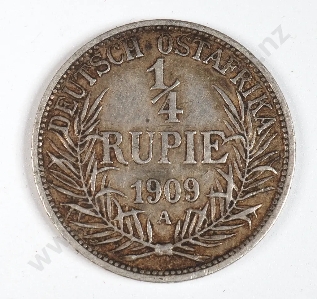 German East Africa 1909 Quarter Rupie, Very Fine Image 1++