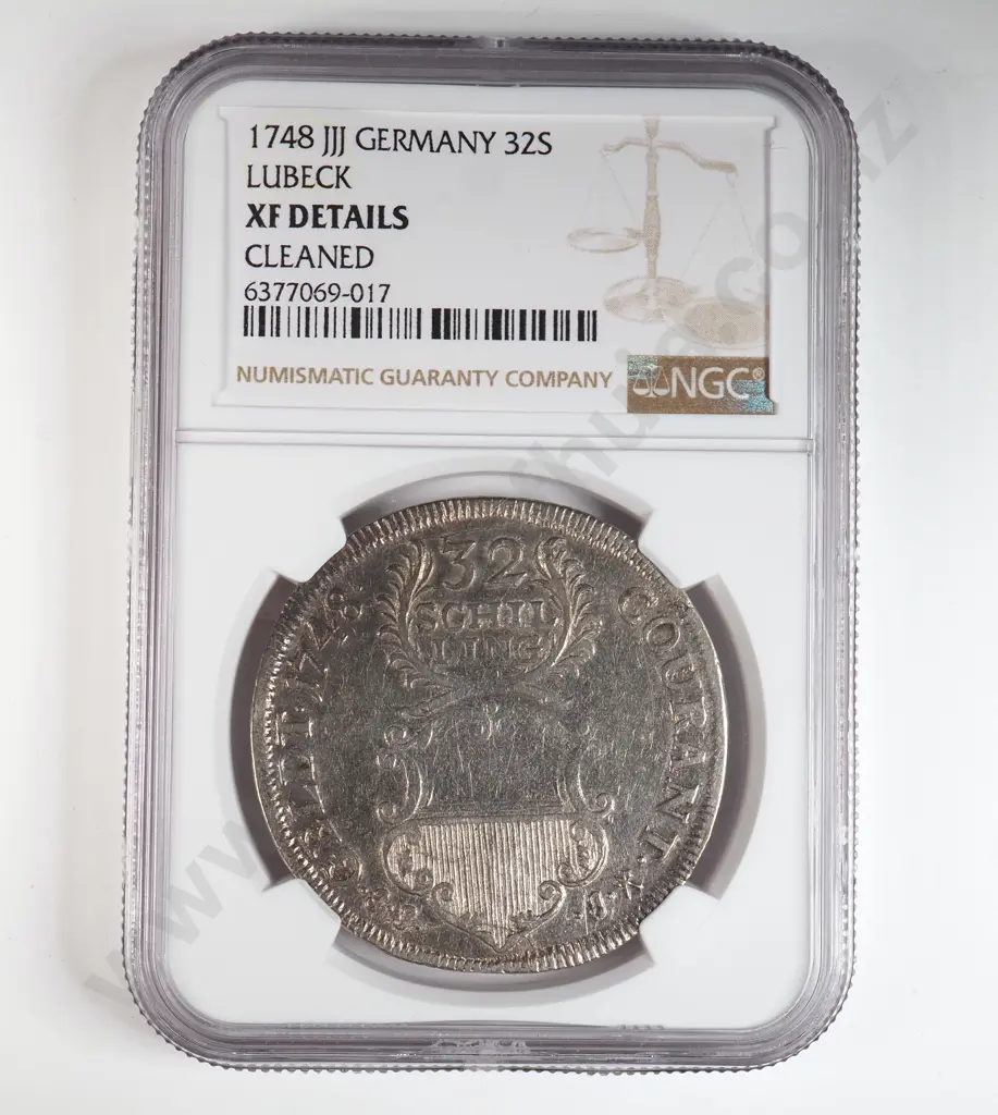 Germany Lubeck 1748 Jjj Thirty Two Schillings, Ngc Graded And Slabbed As Xf Details – Cleaned Image 1++