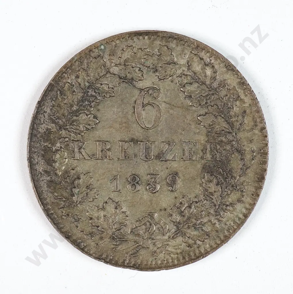 Germany Wurttemburg 1839 Six Kreuzer, Extremely Fine Image 1++