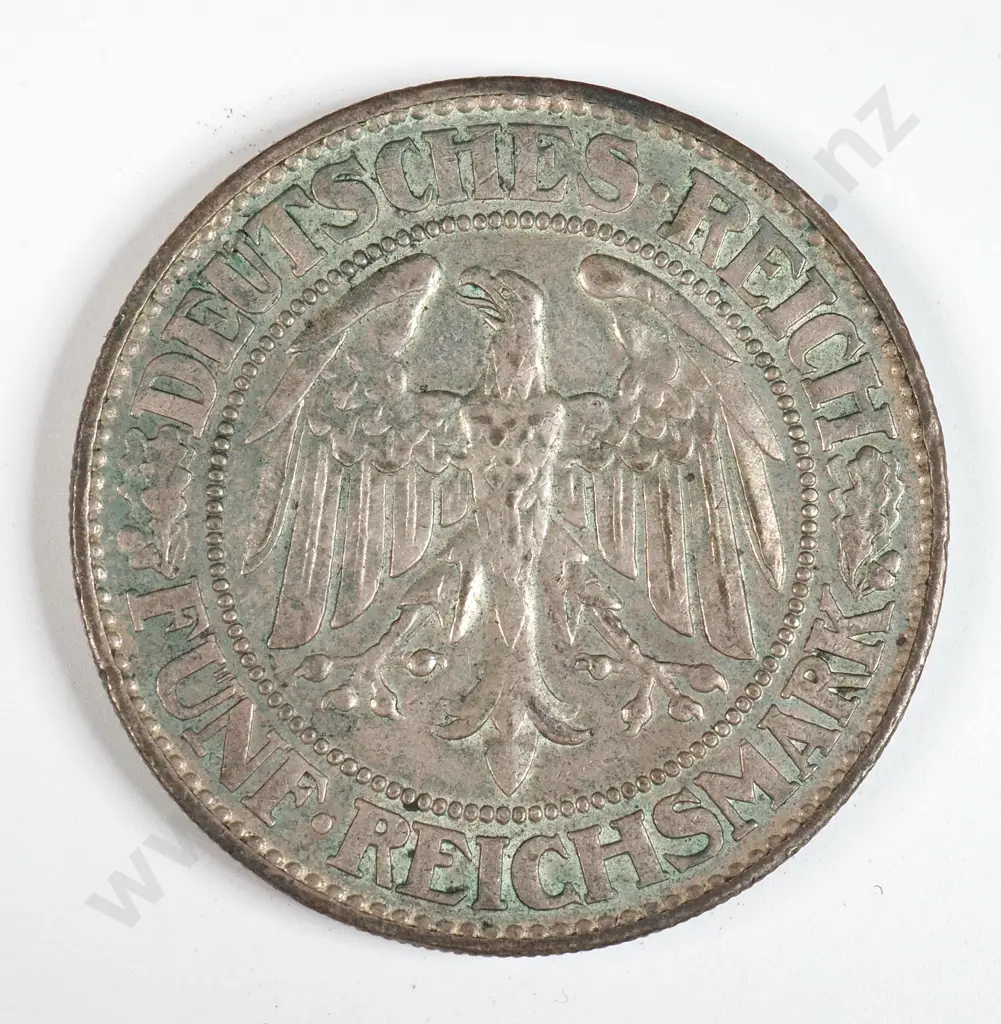 Germany 1928 'F' Five Reichsmark, Very Fine Image 1++