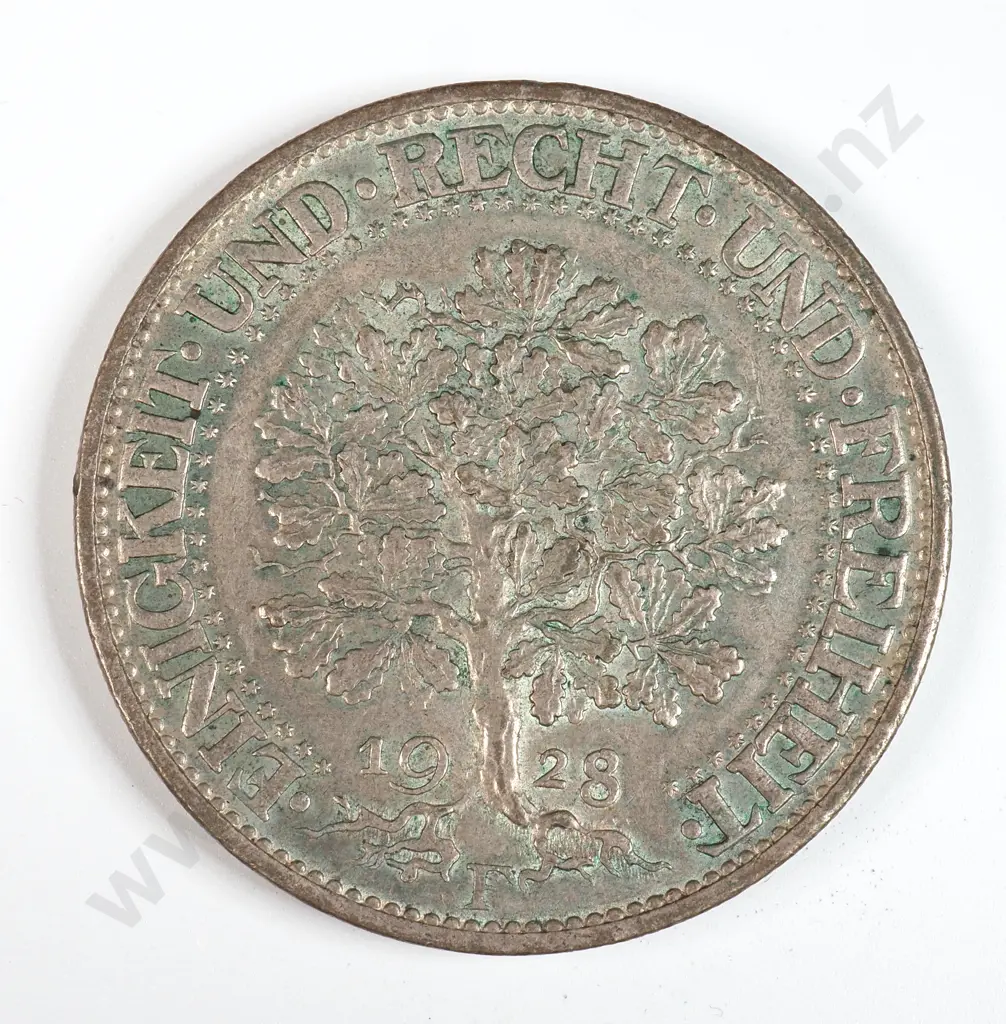 Germany 1928 'F' Five Reichsmark, Very Fine Image 1++