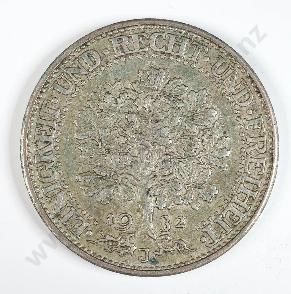 Germany 1932 'J' Five Reichsmark, Very Fine Image 1++