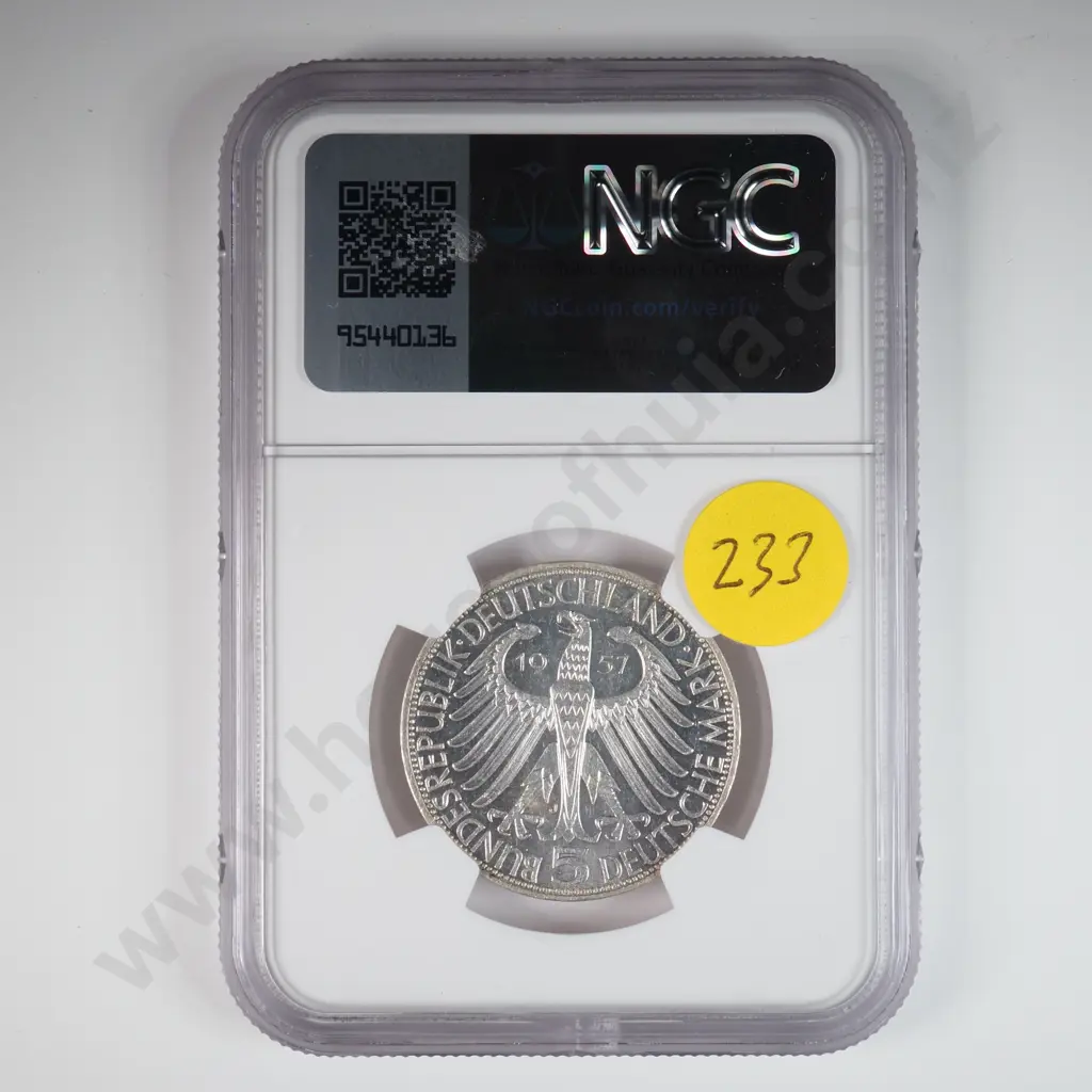 Germany 1957 'J' Five Deutsche Mark, Ngc Graded And Slabbed As Ms 61 Image 1++
