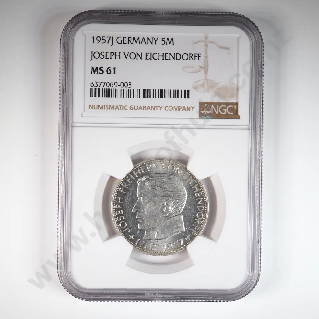 Germany 1957 'J' Five Deutsche Mark, Ngc Graded And Slabbed As Ms 61 Image 1++