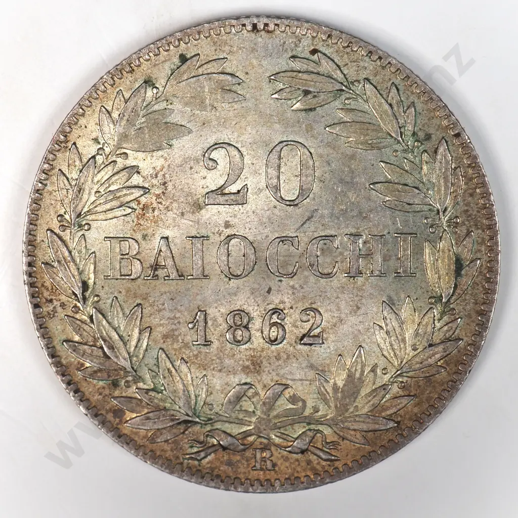 Italy Papal States 1862 'B' Twenty Baiocco, Almost Uncirculated Image 1++