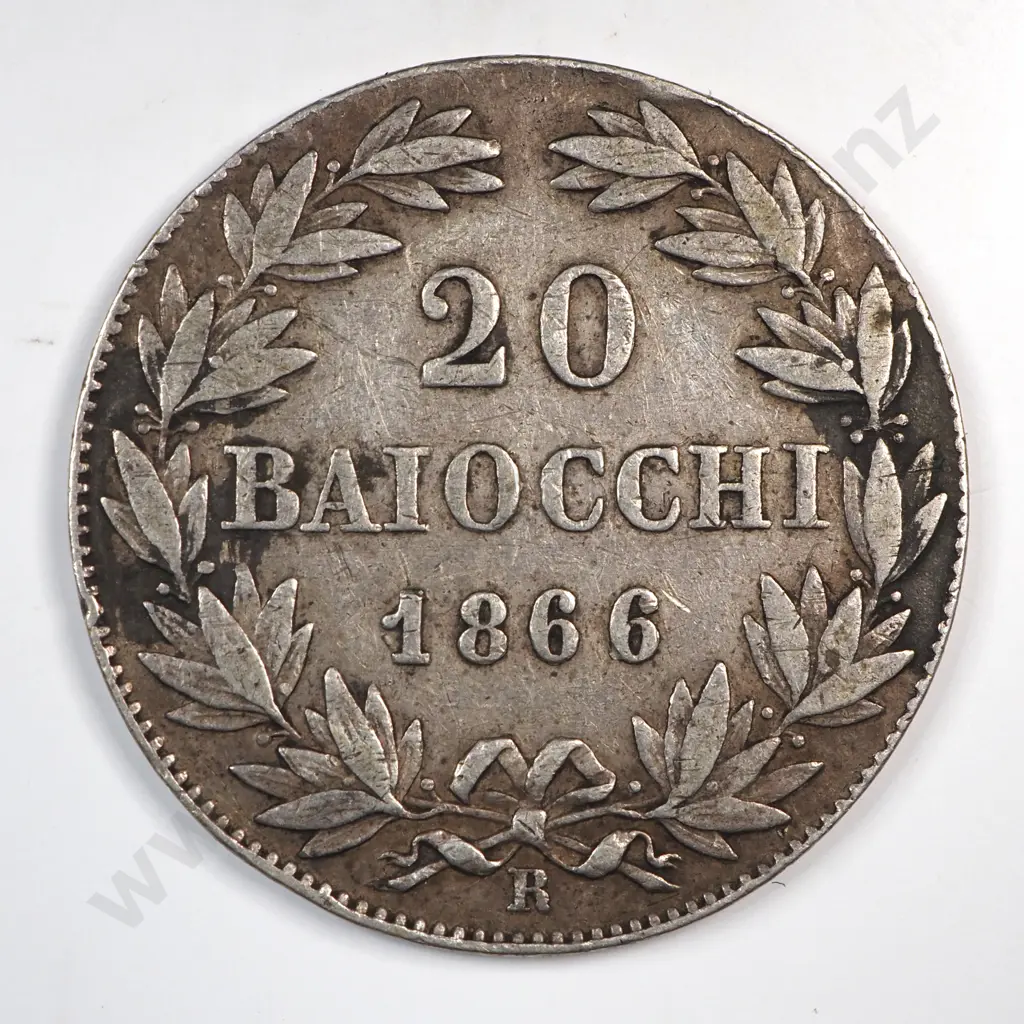 Italy Papal States 1866 'R' Twenty Baiocco, Very Fine Image 1++