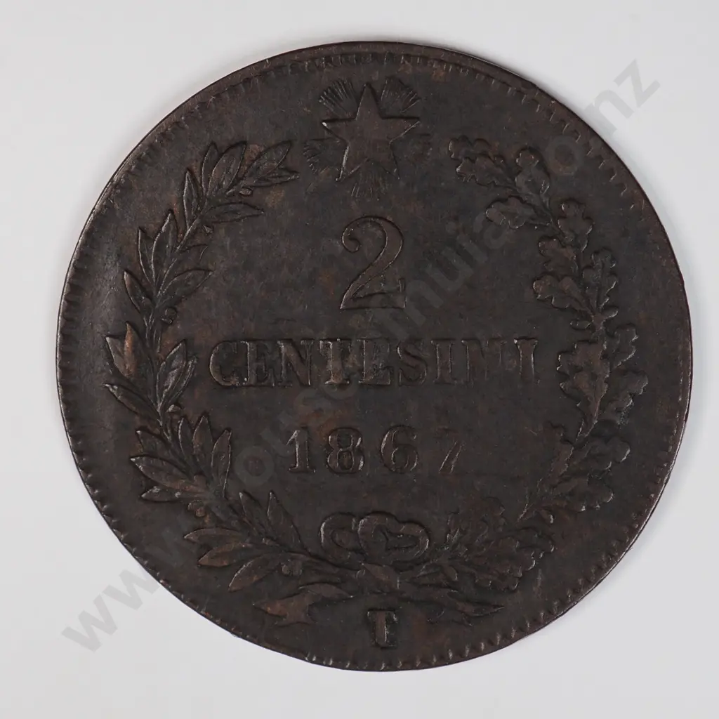 Italy 1867 'T' Two Cents, Very Fine Image 1++
