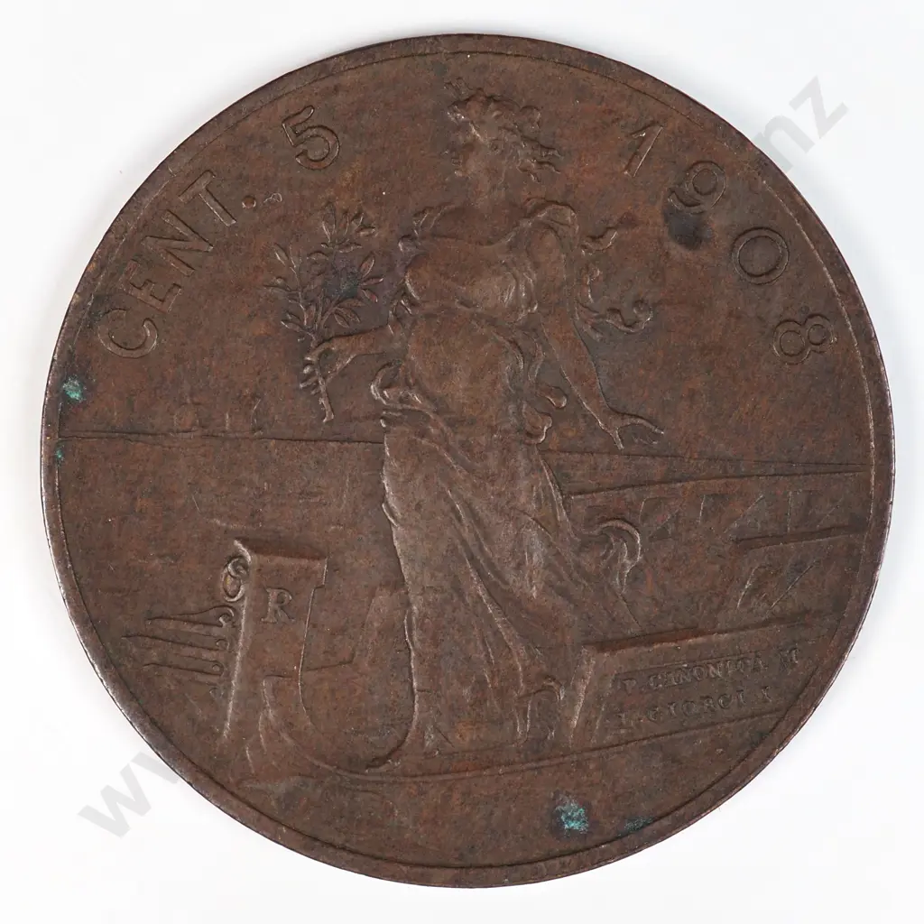 Italy 1908 Five Cents, Very Fine Image 1++