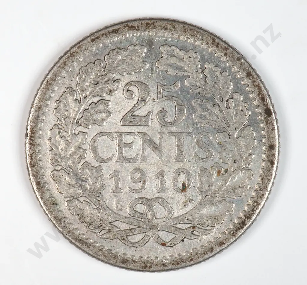 Netherlands 1910 Twenty Five Cents, Very Fine Image 1++